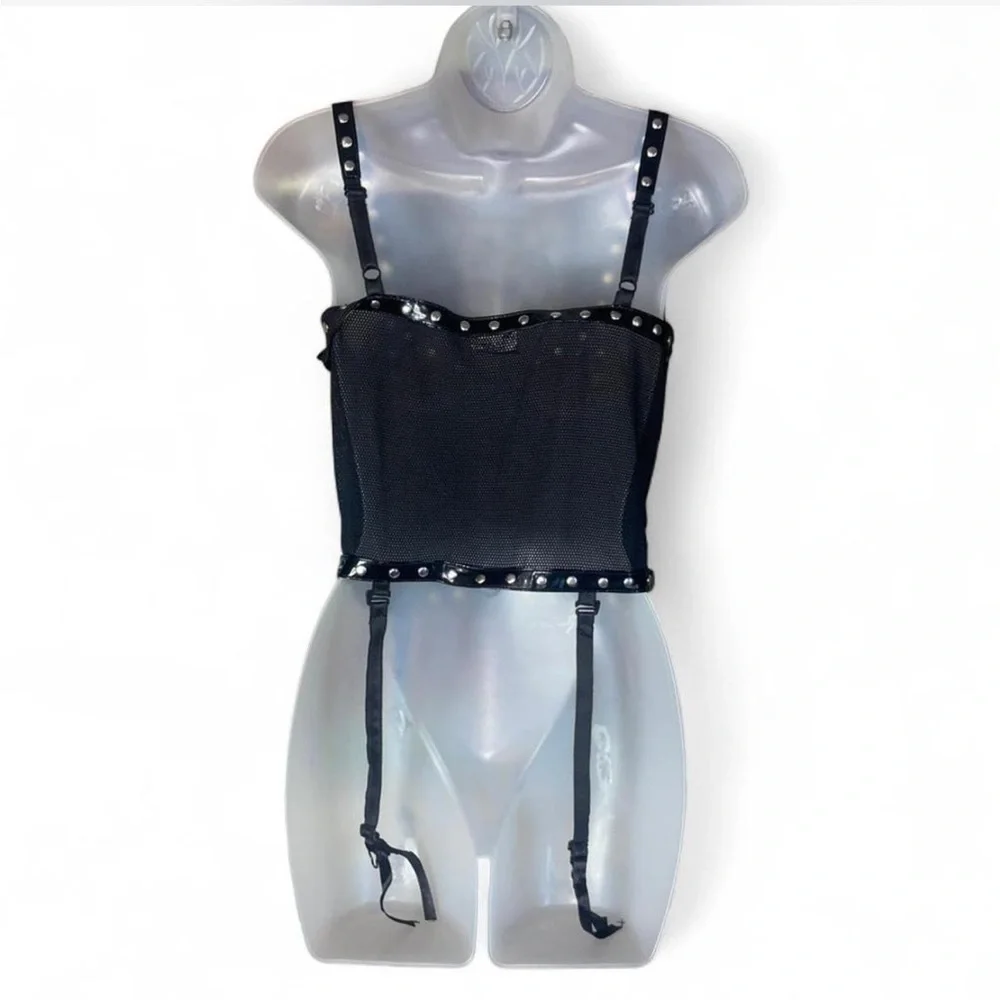 Elegant Moments Patent Leather Mesh Corset with Silver Studded M - Picture 5 of 11